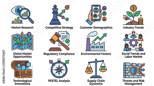 Professional Illustrated Guide to Key Business and Market Analysis Factors with Colorful Icons and Symbols