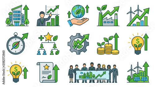 Creative Set of Green Themed Business Growth Sustainability and Investment Concepts with Icons with high quality professional line art symbols for modern creative design and digital branding projects