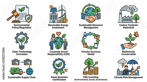 Sleek Infographic Showcasing 12 Key Sustainable Business Practices with Colorful Icons and Illustrations