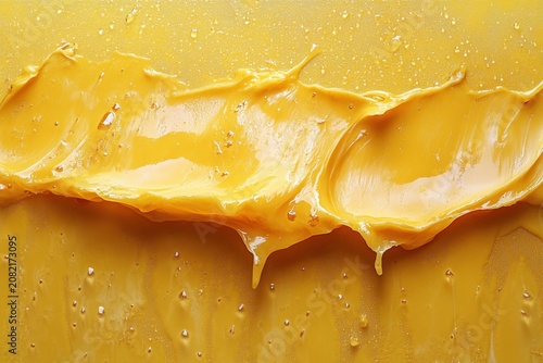Bright yellow paint smear on a smooth surface with droplets, showcasing texture and color vibrancy in a creative artistic setting