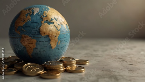 A miniature world globe placed alongside a pile of golden coins on a stone-like surface, representing global economy, international trade, investment, and financial growth concepts.