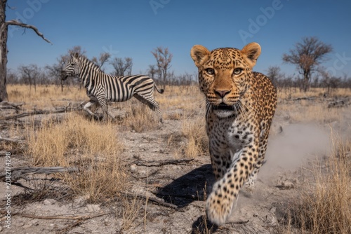 Leopard stalking zebra in dry african savannah