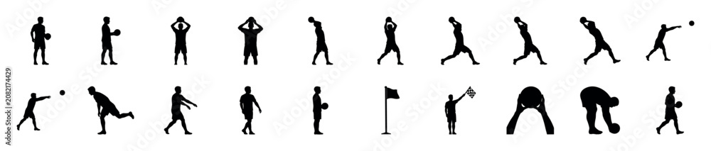 Obraz premium Collection of black silhouettes of a male athlete playing volleyball in various dynamic poses like serving, throwing, and setting the ball, showing athletic action