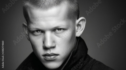 Young man looking directly with intense serious expression