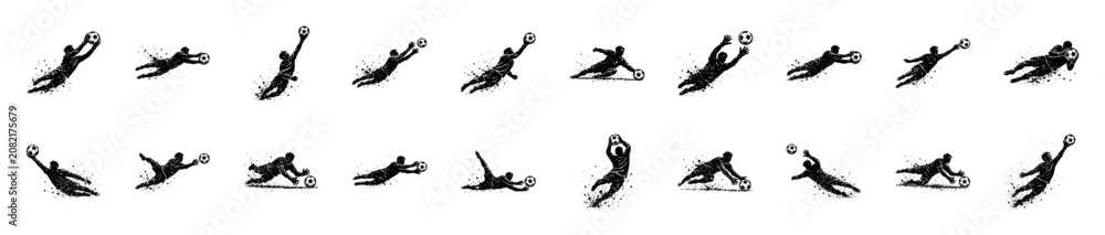 Fototapeta premium Collection of black grunge textured silhouettes of soccer goalkeepers diving and catching the ball in various dynamic poses