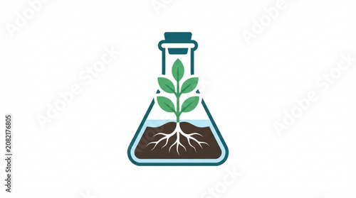 Green plant growing inside a laboratory glass flask as a symbol of sustainable science and environmental research on a clean white background flat icon