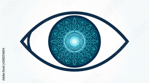 Stylized human eye with digital floral iris mandala pattern representing artificial intelligence vision and cybersecurity concept on white background