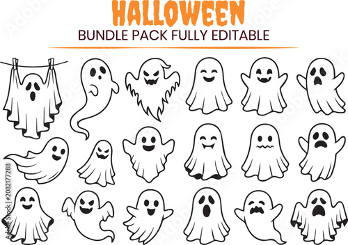 Spooky ghost line art outlines collection. Large vector pack featuring cartoon phantoms in dynamic flying poses with scary, smiling, and screaming expressions.