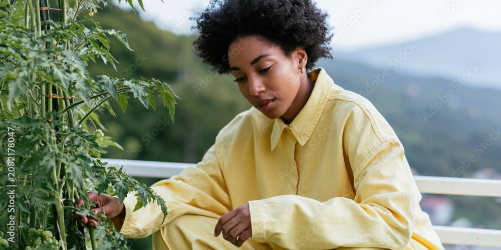 Fototapeta premium Woman tending tomato plants on a balcony in a pale yellow shirt with mountain view for urban gardening banner and sustainable lifestyle background