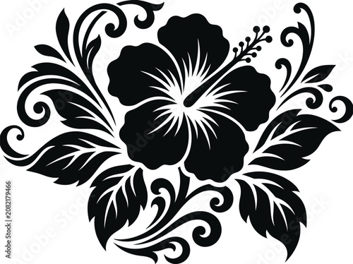 Black hibiscus flower with swirling leaves and floral isolated on white black and white botanical
