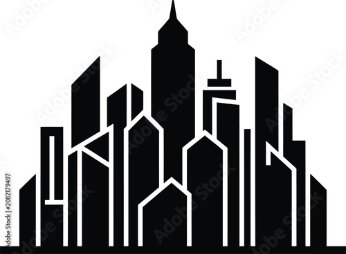 Black silhouette of a modern city skyline with varied building heights and geometric shapes white