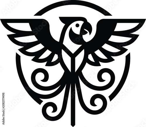 Black silhouette of a parrot with spread wings, decorative swirls, and circular bird wings spread