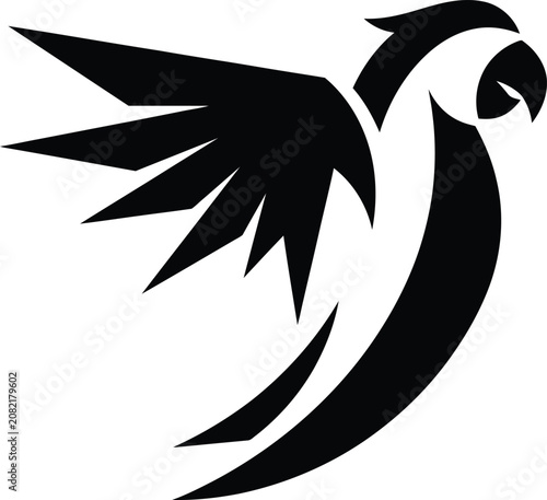 Stylized black parrot with sharp wing feathers white bird silhouette