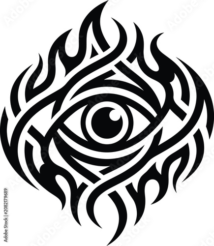 Tribal eye with flames, black and white