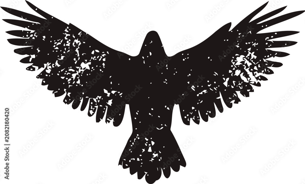 Fototapeta premium Silhouette of a flying raven with outstretched wings, black grunge bird illustration