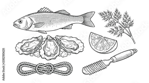 Black and White Engraved Seafood and Garnish Elements Vector Set