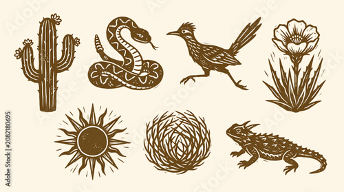 Foto Desert scene with Hand Drawn cactus, roadrunner, snake, agave, lizard, sun, and nest