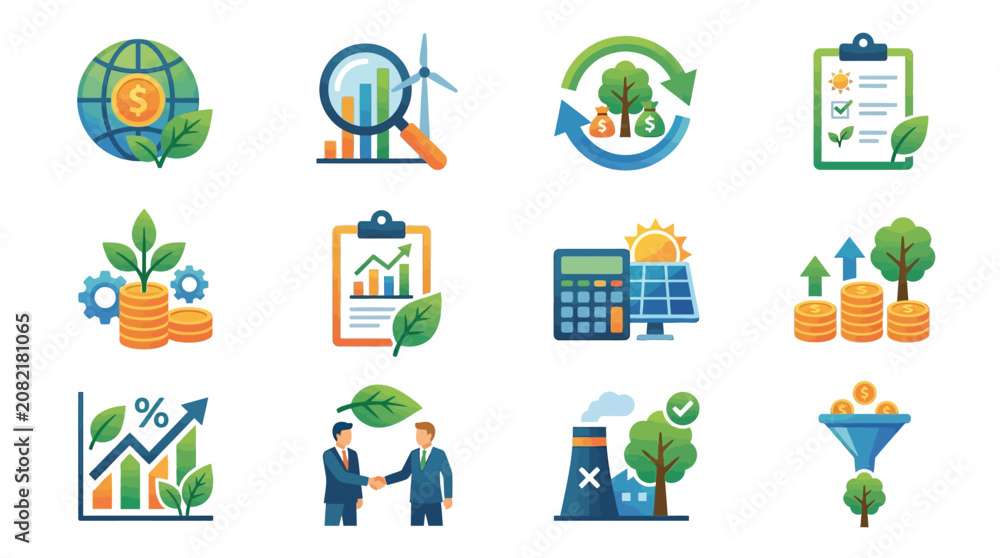 Fototapeta premium Professional Illustrated Icons Showcasing Global Finance Sustainable Investments Green Energy and Economic Growth