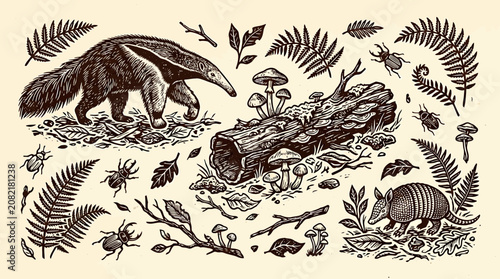 Konstfotografi Hand drawn illustration of a pangolin and an aardvark foraging for insects and plants in a forest setting