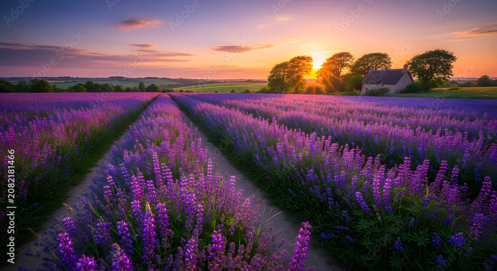 Fototapeta premium Blooming purple flower field in a rural landscape at sunset golden hour