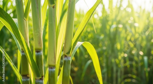 Vibrant green sugarcane stalks growing in a lush field under bright sunlight, highlighting the natural source of powerful glycolic acid, crop, tropical, stems