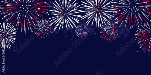 Cuadro en lienzo Fireworks display vector illustration with red white and blue color scheme