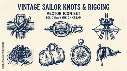 Tableau sur toile Hand Drawn vintage sailor knots and rigging icons on cream background