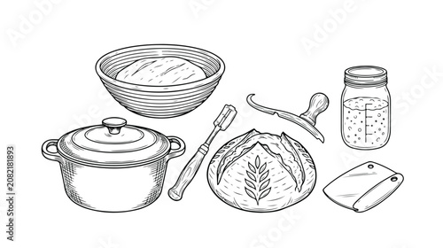 Baking Bread Tools and Ingredients Hand Drawn Illustration Set