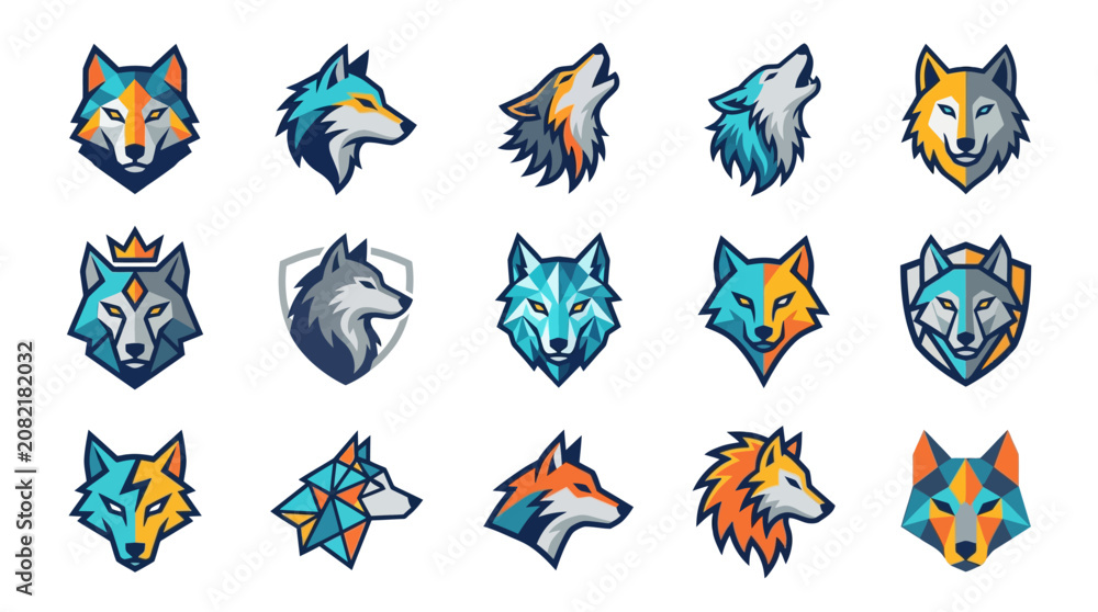 Obraz premium Collection of stylized wolf head illustrations in various poses and colors.