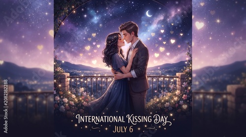 Young Couple About to Kiss Under Starlit Night Sky, Romantic Digital Illustration with Floating Hearts, International Kissing Day Concept