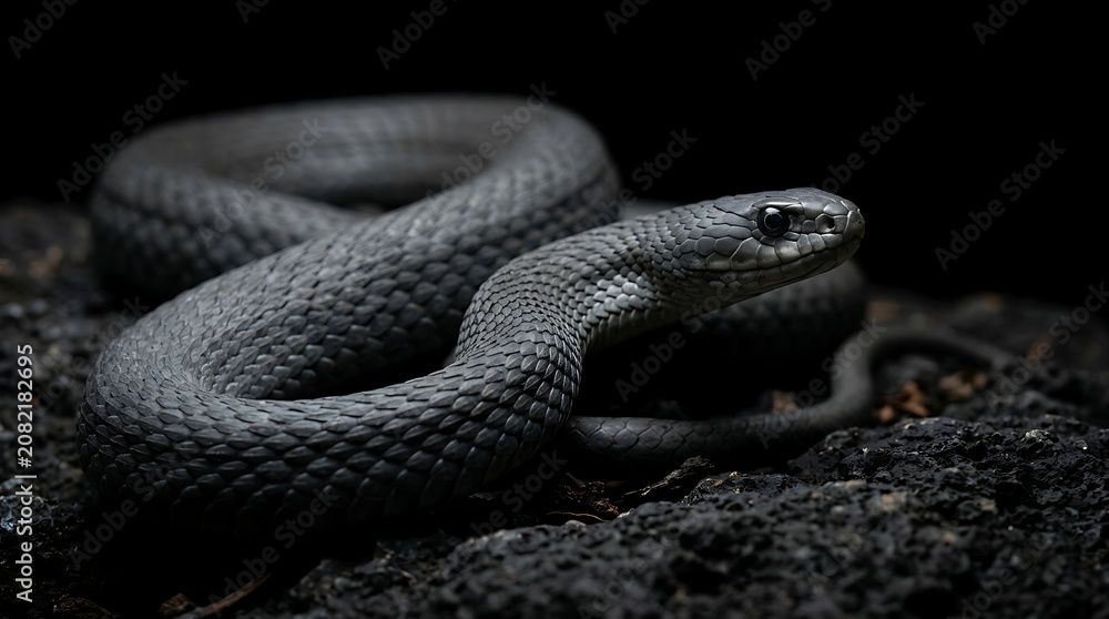 Obraz premium Black snake on dark ground, close-up, mysterious and dangerous reptile.