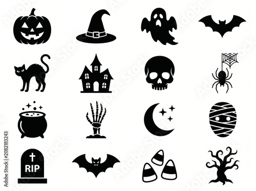 Clean minimalist black Halloween shape icons collection