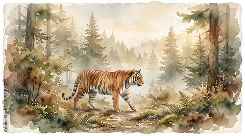 Majestic Tiger Strolling Through a Serene Forest Landscape in Watercolor.