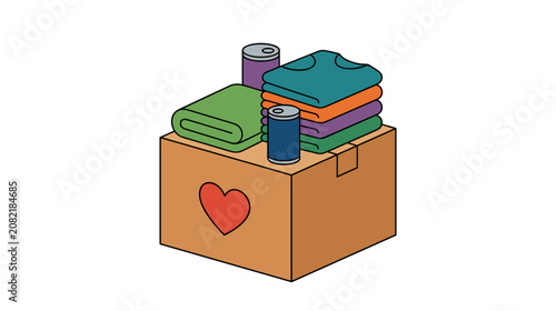 Donation box with folded clothes blankets and canned food isolated on white background concept of humanitarian relief and community care