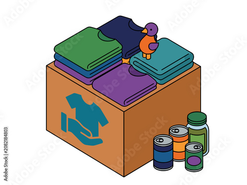Donation box with folded clothes canned food and essentials for nonprofit clothing drive