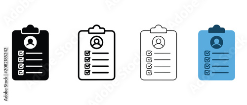 clipboard icons with a persons profile and checklist on a white background for business and organization concepts  simple flat design