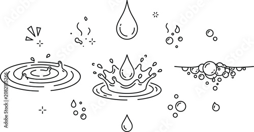 Fotografie Water drop vector line icon set featuring splash crown ripples foam bubbles rain