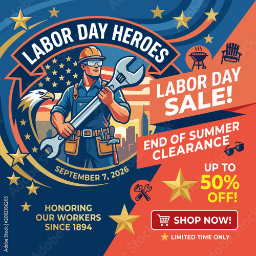 Labor Day Sale Square Social Post — 
End of Summer American Red White 
Patriotic Shopping Discount Template
