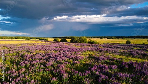Vast wildflower meadow under dramatic sky with rolling hills.
