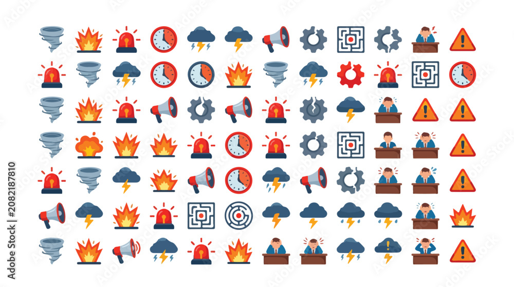 Fototapeta premium Emergency alert vector icons, natural disaster and crisis management symbols. Urgent warning, safety, and security graphic elements for digital interfaces.