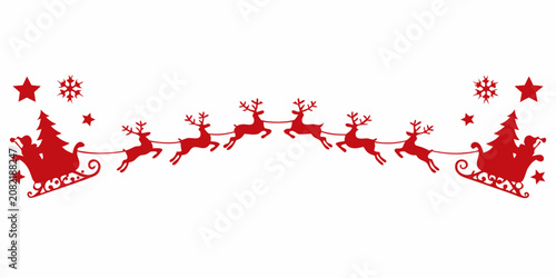 Fényképezés Red Silhouette Of Santa With Reindeer And Sleigh On White Background