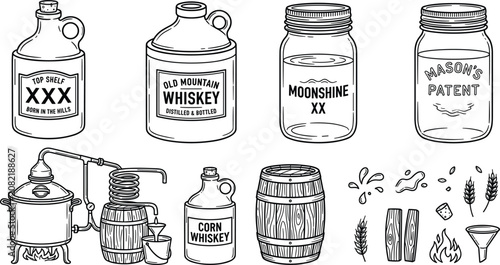 Canvastavla Whiskey moonshine vector set with distillation still alcohol jugs mason jars wooden barrels and corn grain elements