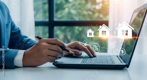 Businessperson analyzing real estate investment opportunities using digital technology and financial data on a laptop with house icons