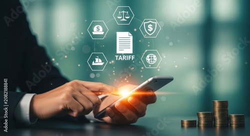 Businessperson using smartphone for financial tariff management with digital icons and stacked coins for investment