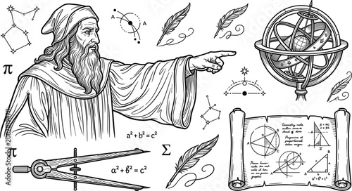 Fotografía Vintage science vector set with an ancient philosopher, armillary sphere, geometry scroll, mathematical dividers, and astronomy elements