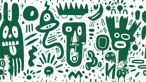 Tableau sur toile Abstract Tribal Seamless Pattern with Hand Drawn Monsters, Faces and Primitive Doodle Elements