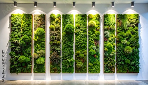 Fresh green herbs growing in clear glass jars on white shelf.