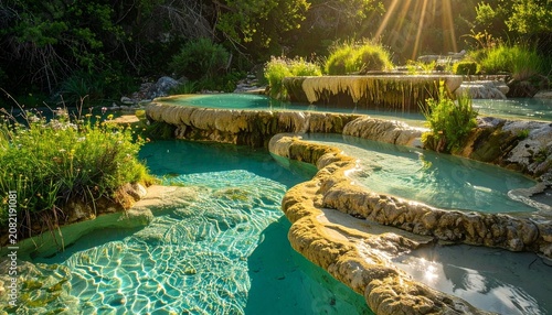 Serene mountain stream flowing through lush green forest.