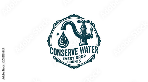 Cuadro en lienzo Conserve Water Every Drop Counts Vintage Emblem with Dripping Faucet
