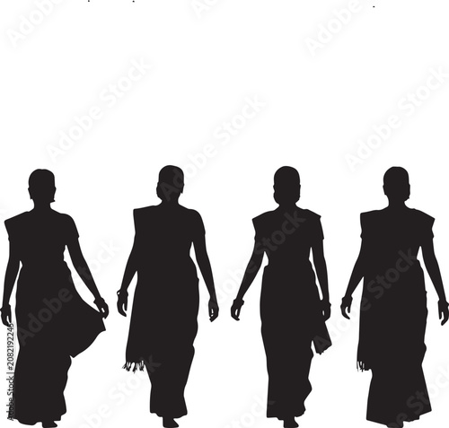 Elegant Woman Walking Silhouette Collection, Female Fashion Model Poses, Traditional Dress, Isolated Black Vector Illustration for Design Projects